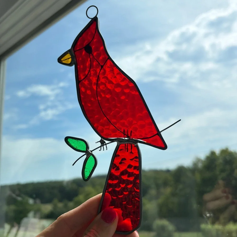 Vintage Stained Glass Cardinal Suncatcher Red Bird Window Hanging Decor 8 inch